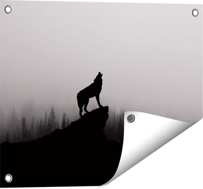 Gards Tuinposter Silhouet van een Huilende Wolf - Abstract - 50x40 cm - Tuindoek - Tuindecoratie - Wanddecoratie buiten - Tuinschilderij