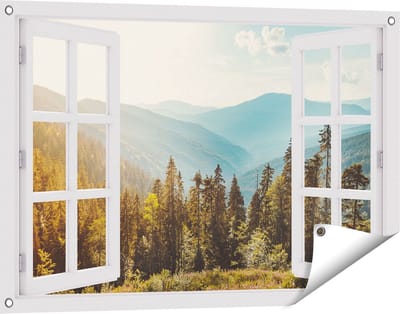 Gards Tuinposter Doorkijk Bos met Bomen in de Hoge Bergen - 90x60 cm - Tuindoek - Tuindecoratie - Wanddecoratie buiten - Tuinschilderij