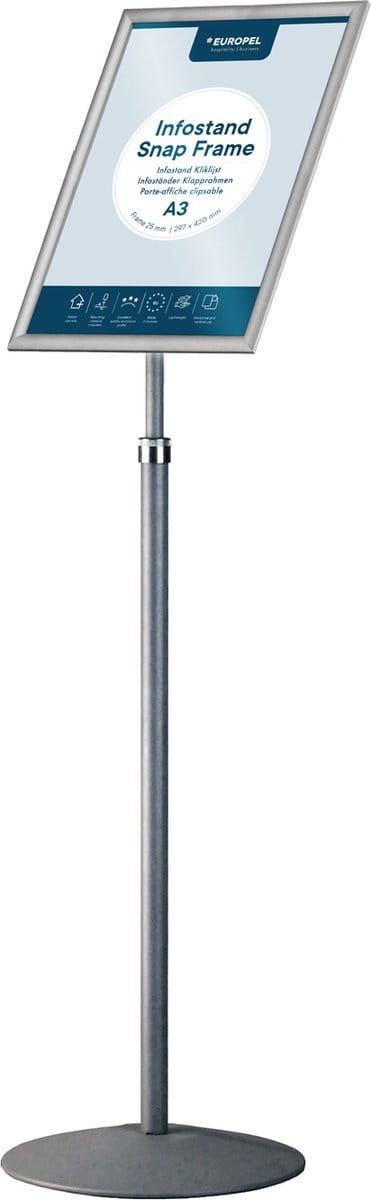 Europel Infostand – Telescopisch – A3 (29,7 x 42 cm) – Kliklijst – Verstelbaar – Grijs