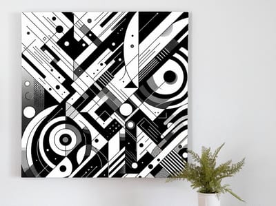 Modern zwart wit schilderij | Monochrome meesterwerk: een eigentijdse dans van contrast en vorm | Kunst - 30x30 centimeter op Dibond | Foto op Dibond