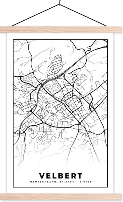 Posterhanger incl. Poster 40x60 cm - Schoolplaat - Kaart - Velbert - Plattegrond - Stadskaart - Textielposter - Blanke latten - Stadskaart