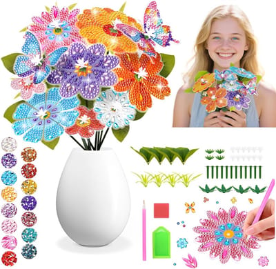 Diamant painting - 5D Diamond Painting - Bloemen & Vlinders DIY Set - Diamond Painting Bloemen Knutselpakket voor Kinderen - Creatieve Boeket Maken - DIY vaasvuller ornament tafeldecoratie - Meisjes en Jongens 6 tot 12 Jaar
