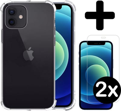 Hoesje - Met Screenprotector - 2 Stuks - Geschikt voor Apple iPhone 12 - Sterk & Shockproof - Back Cover - Siliconen Case - Telefoon Hoes - Shock Proof - Telefoonhoes - Transparant