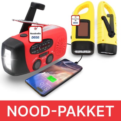 DEGG® Noodpakket – Opwindbare Noodradio + 2x Dynamo Zaklamp – Met Solar & Powerbank – Voor Stroomuitval & Noodgevallen