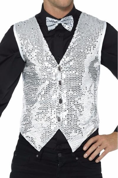 Smiffys carnavalkleding verkleed Pailetten Gilet/vestje - zilver - Heren - Polyester 52/54