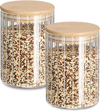 Zeller Voorraad/bewaar pot Grooves - 2x - hard glas - transparant - 550 ml - bamboe deksel - luchtdicht