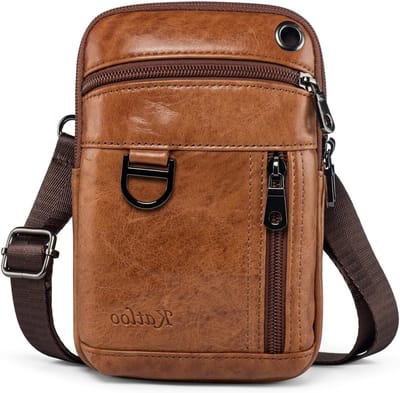 Multifunctionele leren schoudertas voor mannen met dubbele rits, vintage uitstraling, ideaal voor mobiel en als heuptas, perfect voor dagelijks gebruik