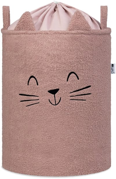 SIPO Grote Opbergmand voor Speelgoed - XL Formaat 43 Liter - Roze Boucle Stoffen Kitten Print - met Trekkoord - 45x43x5cm