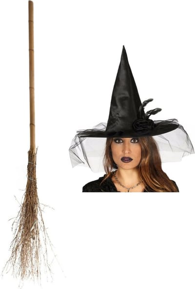 Guirca Heksen verkleed set - voor dames - heksenhoed - met houten heksenbezem van 110 cm