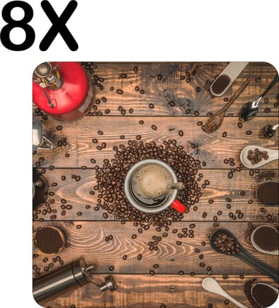 Luxe Placemat - Koffie molens en Schepjes - Set van 8 Placemats - 50x50 cm - 2 mm dik Vinyl - Anti Slip - Afneembaar