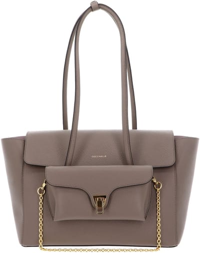 COCCINELLE Leren shopper schoudertas Double Beat Grained Leather Handbag Warm Taupe