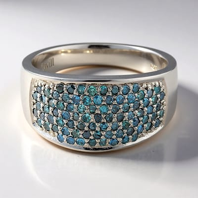 Cavill - Zilveren Damesring 925 Sterling Zilver - Platina Verguld - 0,76 ct Fancy Diamanten - Brede Elegante Ring met Blauwe Pavé Steentjes