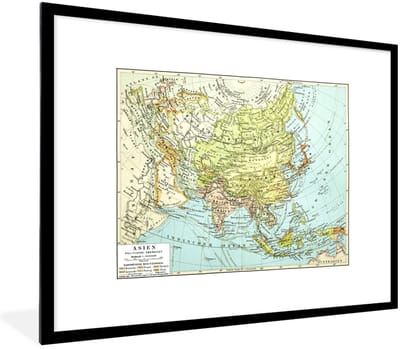 Poster in lijst - Fotolijst 80x60 cm - Posters - Klassieke wereldkaart Azië - Posterlijst zwart - Decoratie - Wanddecoratie woonkamer - Muurdecoratie slaapkamer