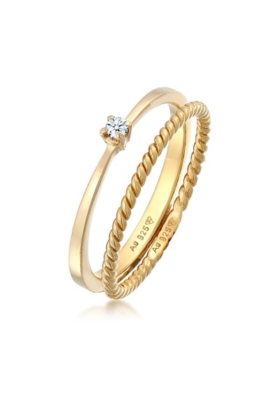 Elli PREMIUM - Ring - Dames Eenzaam Gedraaid Set van 2 met Diamant (0.03 ct.) in 925 Sterling Zilver - Dames