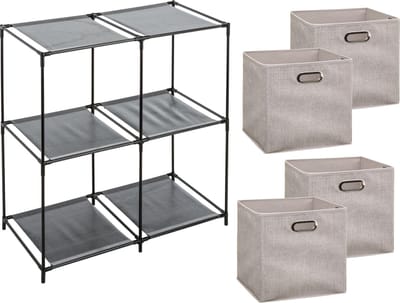 5Five Kastmandjes/opberg manden - beige - 4x stuks van 29 Liter - Metalen rekje is 67 x 68 cm