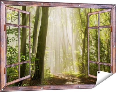 Gards Tuinposter Doorkijk Bos met Bomen en Zonneschijn - 120x80 cm - Tuindoek - Tuindecoratie - Wanddecoratie buiten - Tuinschilderij