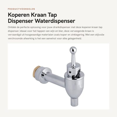 Dailygoods- Waterdispenser Vervangende Kraan - Verchroomd/Koper - Duurzaam - Corrosiebestendig - Slijtvast - Inclusief Rubberen Pakkingen