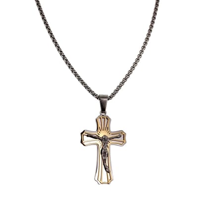 55cm x 2mm Jasseron-ketting + Kruishanger met Jezus, Keting met Bicolor Kruis Hanger, RVS Zilverkleurig-Goudkleurig - Unisex