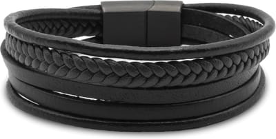 New Age Devi - Armband heren 19 cm leer zwart - Zwart kleurige sluiting staal - 4 delig set - Zwart leer gevlochten armband voor mannen met kralen