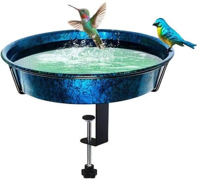 Metalen Balkon Vogelbad voor Balkonreling, Metaal Groen & Blauw 11,5 Badkom & Voederbak met Verstelbare Stalen Klem Buiten Tuin Decoratie Hof Kunst