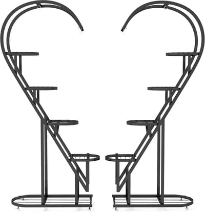 COSTWAY 5-traps metalen plantenstandaard, hartvormig, bloemenrek met haken, ladder, plantenrek, kantelbescherming, plantenladder, bloemenstandaard, voor tuin, balkon, woonkamer (zwart)