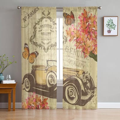 Vintage Retro Auto Vlinders En Bloemen Transparante Gordijnen voor Woonkamer Tule Raamgordijn Slaapkamer Keuken Sluier Gordijnen 135W x 114H(cm) beige
