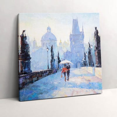 Wallfluent Foto Op Canvas Olieverfschilderij - een verliefd stel onder een paraplu - 60 x 60 cm - Blauw Schilderijen Op Canvas Doek - Abstract Canvas Doek Foto - Imitatie van een olieverfschilderij Print Van Doek - Abstract Canvas Schilderij