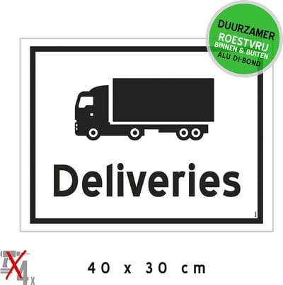 Pictogram/ bord Dibond | "Deliveries" | 40 x 30 cm | Leveringen | Receptie | Logistiek | Vrachtauto | Engels | Magazijn | Camion | Loskade | Vracht | Leverancier | Chauffeur | Trucker | Duurzaam | Roestvrij | 1 stuk