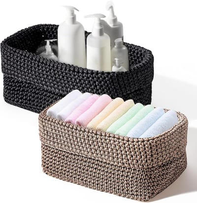 zwart, gehaakte mand, opbergmand, zwart, stapelbare geweven mand, cosmetica-organizer, badkamer-organizer, kleine mand (2 stuks)