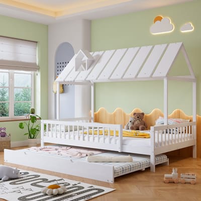 MODENUIT Kinderbed 120x200 cm – Met Uittrekbaar Rolbed 120x190 cm – Dakframe met Schoorsteenlijst – Zonder matras – Wit