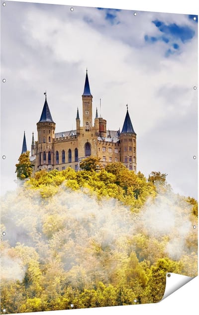 Gards Tuinposter Kasteel op de Berg in het Bos - 120x160 cm - Tuindoek - Tuindecoratie - Wanddecoratie buiten - Tuinschilderij