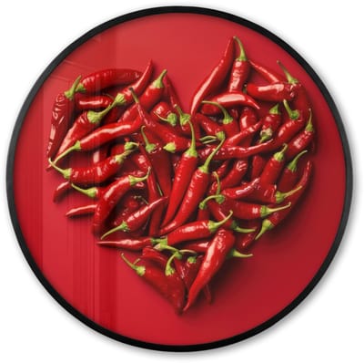 Poster in lijst Rond - Fotolijst 60x60 cm - Posters - Pepers - Rood - Hart - Ronde posterlijst zwart - Decoratie - Wanddecoratie woonkamer - Muurdecoratie slaapkamer