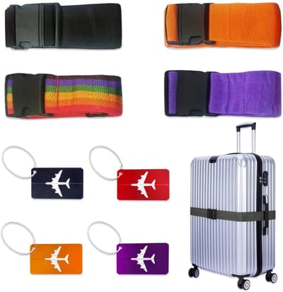 Cosensi- Bagageriemen Verstelbaar - Zware Reisriemen - Bagagelabels - Set van 4 - Heldere Kleuren - Geschikt voor Alle Maten Bagage - Kofferbanden