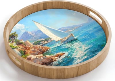 Dienblad rond 40x40 cm - Schootdienblad hout - Zeilboot - Rotsen - Kust - Huizen - Borrelplank rechthoek - Plateau houten dienbladen