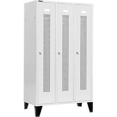 Schäfer Shop Select Kledinglocker, met geperforeerde rijen, 3 compartimenten, 400 mm, met poten, cilinderslot, deur lichtgrijs