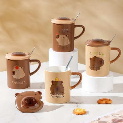 Dieren Kabapila met Deksel Hoge Waarde Grote Capaciteit Keramische Bekerset Cadeau Kantoor Drinkbeker 400ML white