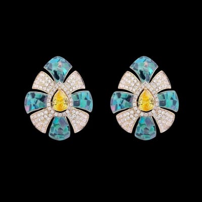 Victoria Valenza 925 Sterling Vergulde Druppel Oorbellen met Blauwe Parelmoer en Gele en Witte Zirkonia Stenen - Oorknoppen - 925 sterling zilver - Goudkleurig - Zirkonia