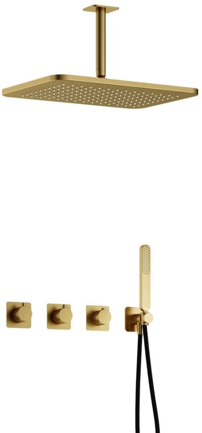 Hotbath Gal IBSGL70 inbouw regendoucheset met staafhanddouche aan houder en 27x40cm rechthoekige hoofddouche aan 15cm plafondarm geborsteld messing PV