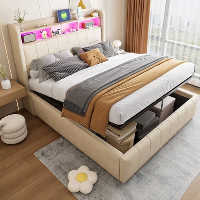 Sweiko Tweepersoonsbed - 140*200 cm - LED-verlichting + USB-aansluiting - Opbergruimte - Zonder matras - Beige