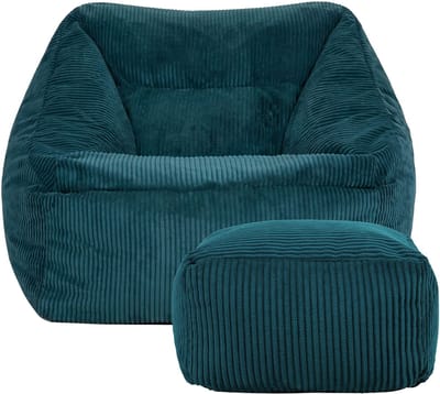 icon - Natalia XL Zitzak Fauteuil met Poef - Ribfluweel - Blauwgroen