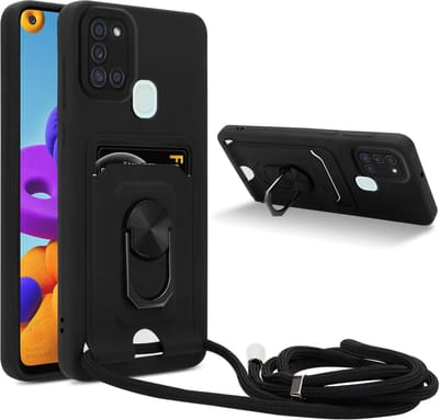 Cadorabo Telefoonketting Hoesje met standfunctie geschikt voor Samsung Galaxy A21s in ZWART - Siliconen beschermhoes met verstelbare koordband