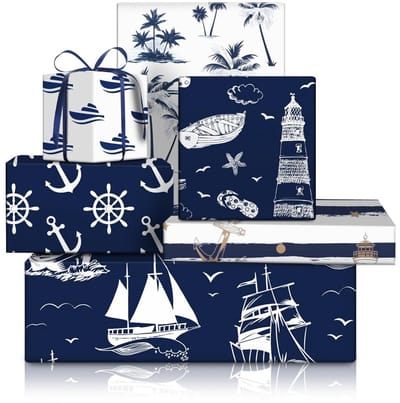 Dailygoods- Inpakpapier Oceaan - Nautisch Thema - 50 x 70 cm - 6 Vellen met Rol - Mariene Patroon - Duurzaam en Handig - Cadeaupapier