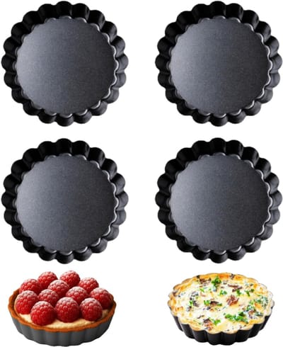 6 stuks - Broodvruchtentaartbakvorm - Eiertaartvorm - Bakvorm - Taartvorm - Koolstofstalen taartvorm - Rond - Antiaanbaklaag - Verwijderbare losse bodem - 12*12*2 cm - Zwart - Voor het bakken van fruittaarten, quiches en desserts