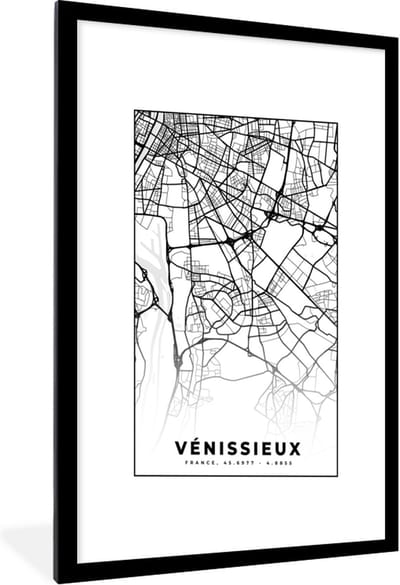 Fotolijst incl. Poster Zwart Wit- Vénissieux - Plattegrond - Kaart - Frankrijk - Stadskaart - Zwart wit - 60x90 cm - Posterlijst