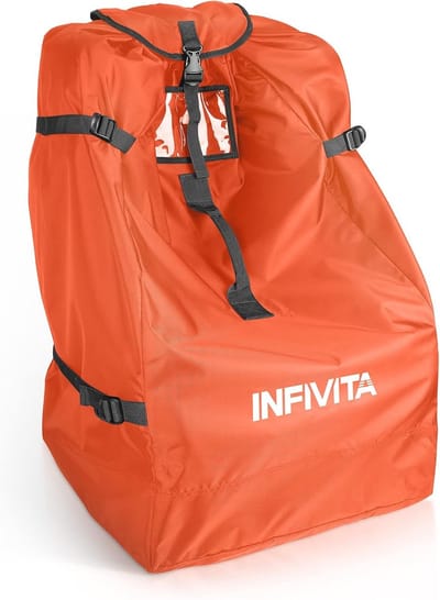 Transporttas voor Kinderzitje en Kinderwagen - Waterdichte Opbergtas voor Vliegtuigreizen - 600D Oxford-stof, Handig Ontwerp, Met ID-Venster en Vloerkussen, 45 x 45 x 85 cm, Oranje