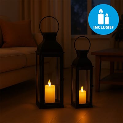 FlinQ Led Kaarsen in Lantaarn windlicht - Windlichten voor binnen & Buiten - Lantaarn - Nep Kaarsen - Dinerkaarsen - Zwart - 2-Pack