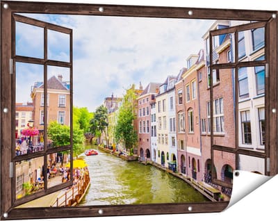 Gards Tuinposter Doorkijk Huizen aan de Oudegracht in Utrecht - 120x80 cm - Tuindoek - Tuindecoratie - Wanddecoratie buiten - Tuinschilderij