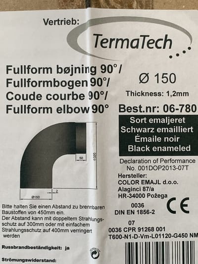 Kachelpijp Ø 150 Bocht 90° - zwart - geemailleerd