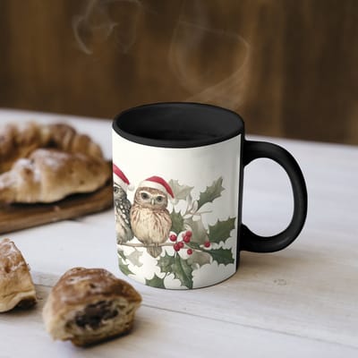 Magische Mok - Foto op Warmte Mokken - Koffiemok - Uilen - Tak - Hulstblaadjes - Kerstmuts - Magic Mok - Beker - 350 ML - Theemok