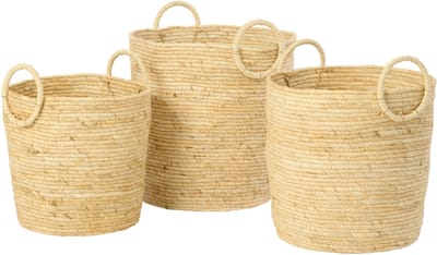 J-Line mand met handvat Rond - riet - naturel - set van 3